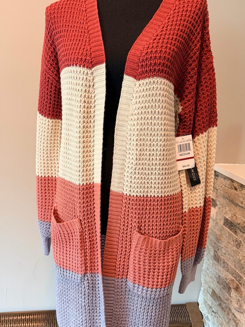 A New Day Colorblock Open-Front Waffle Knit Cardigan - Medium